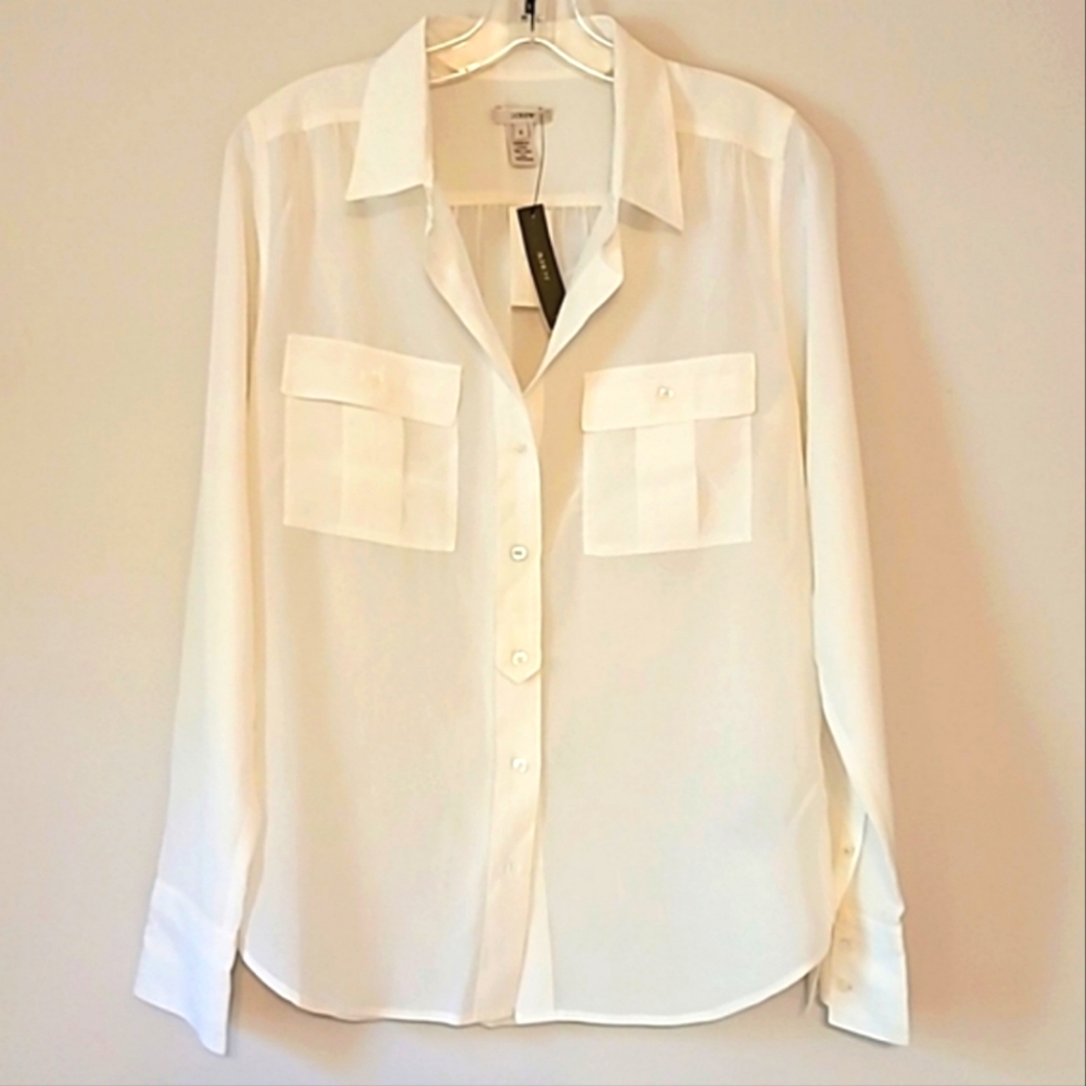 NWT 100% Silk J.Crew Women's Classic Ivory Blythe Blouse, Size 6